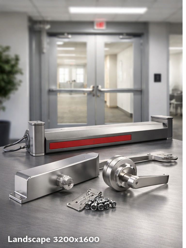 Commercial door hardware set with exit device and lever lock on a work surface